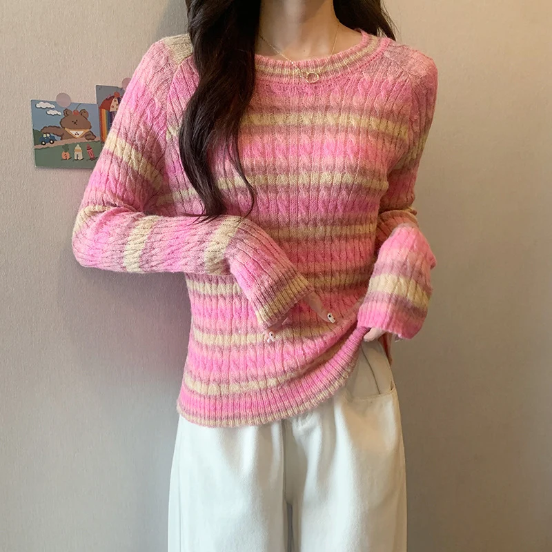 Striped Round Neck Pullover Sweater for Women