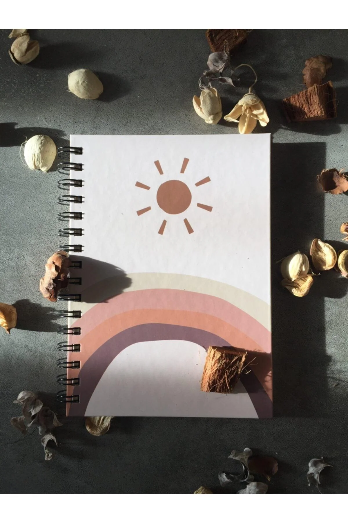 Sun‑Patterned Unlined Spiral Notebook – 100 Sheets, Ivory, Hard Cardboard Cover
