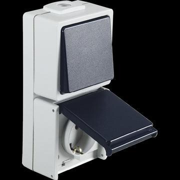 IP54 surface mount switch and socket combination with hinged cover