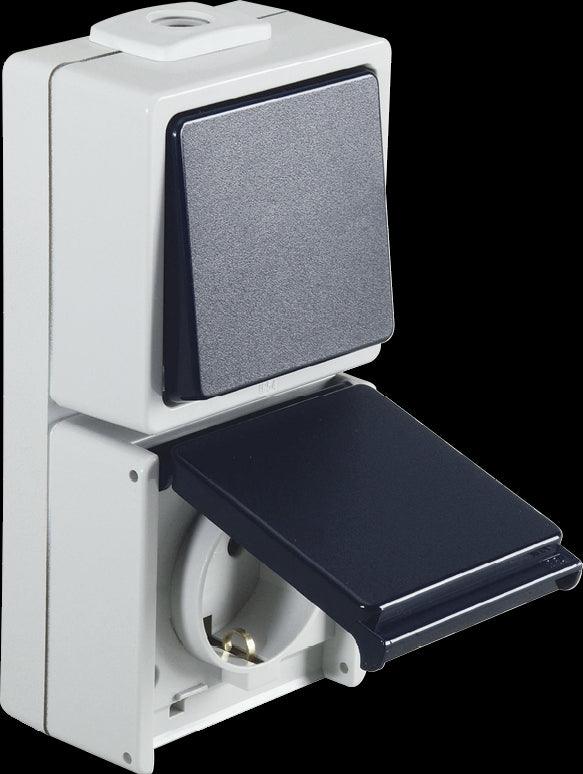 IP54 surface mount switch and socket combination with hinged cover