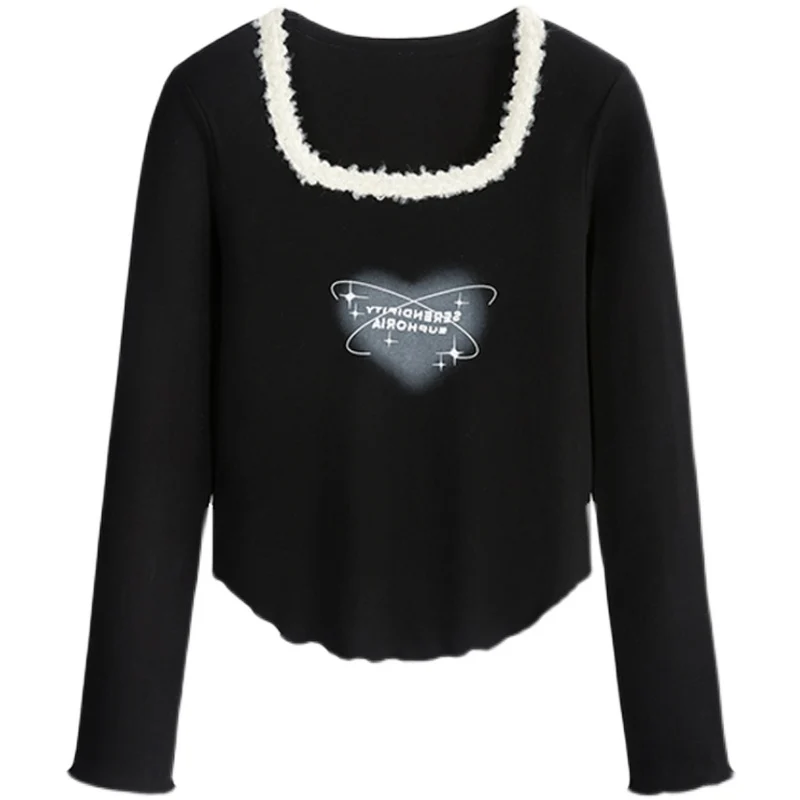 T-Shirt Irregular Bottom Plush Square Neck Top