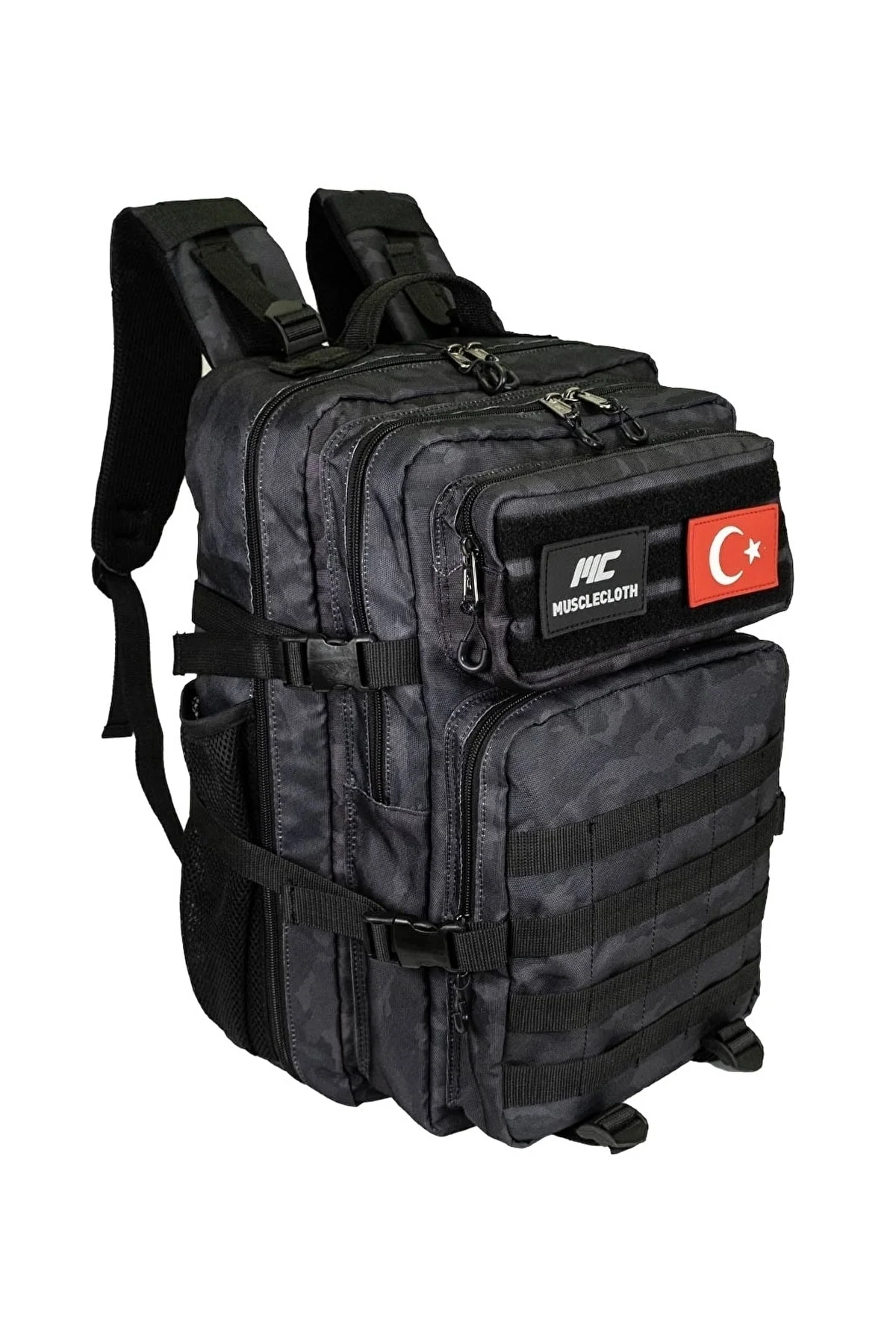 Black camouflage tactical backpack with customizable patches