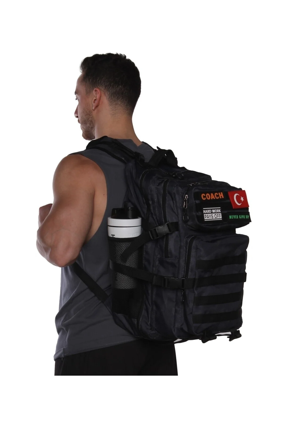 Black camouflage tactical backpack with customizable patches