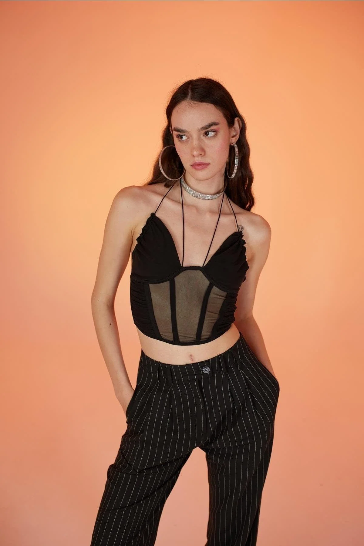 Black tie tulle blouse with adjustable fit