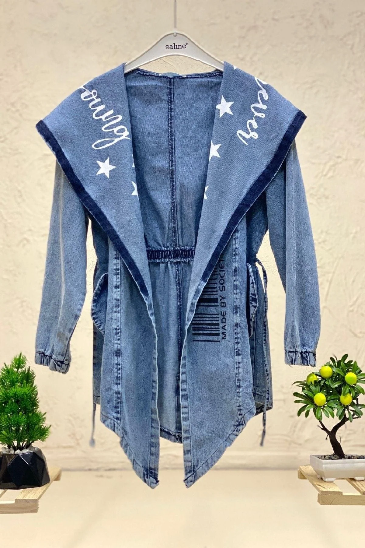 Tie-Waist Printed Open-Front Denim Jacket