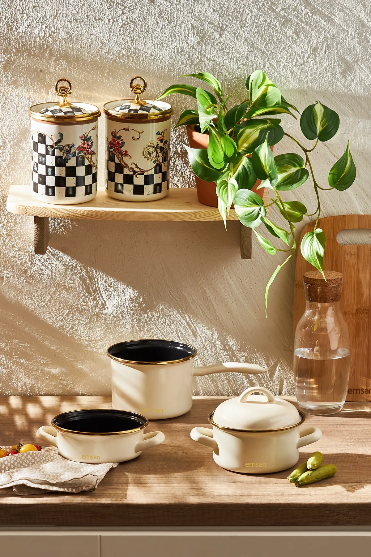 3-piece enamel cookware set with saucepan and sauce holder