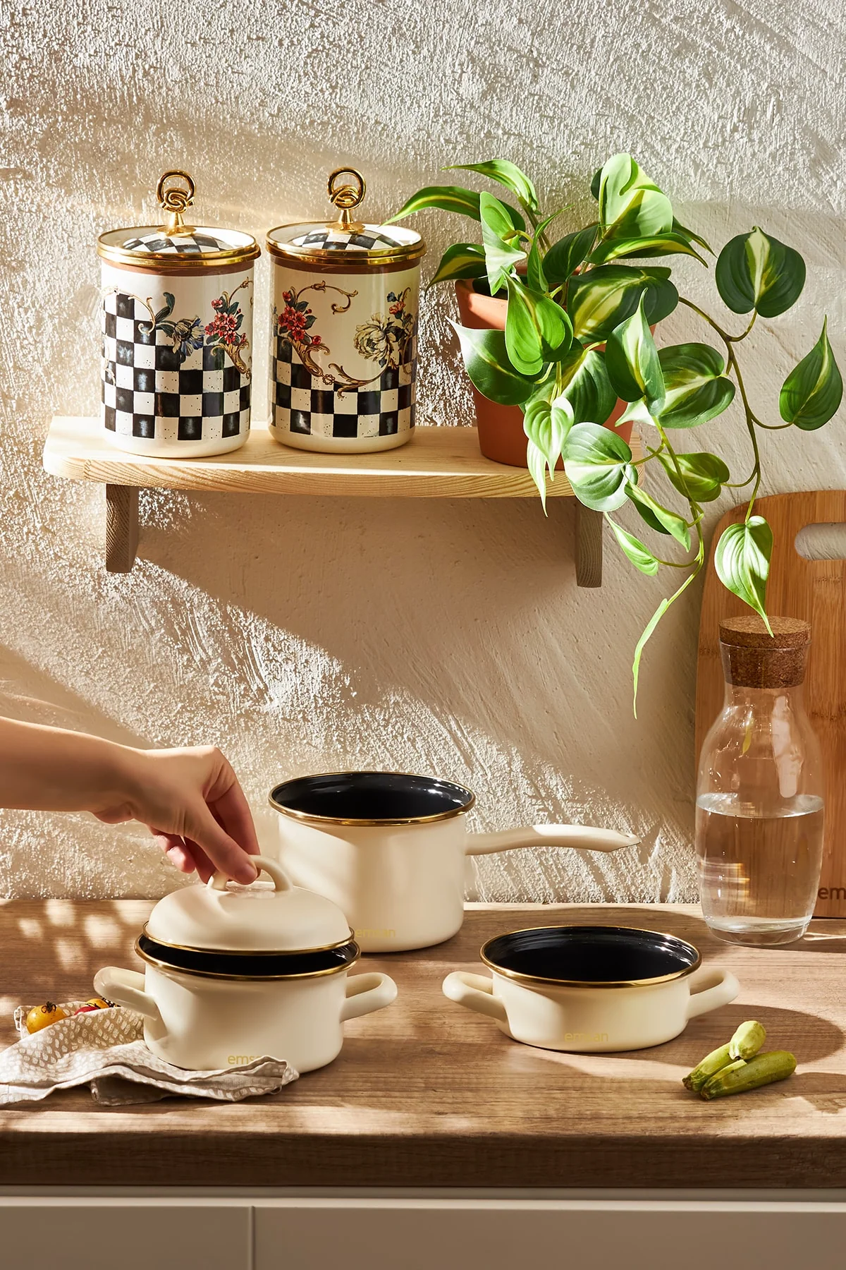 3-piece enamel cookware set with saucepan and sauce holder
