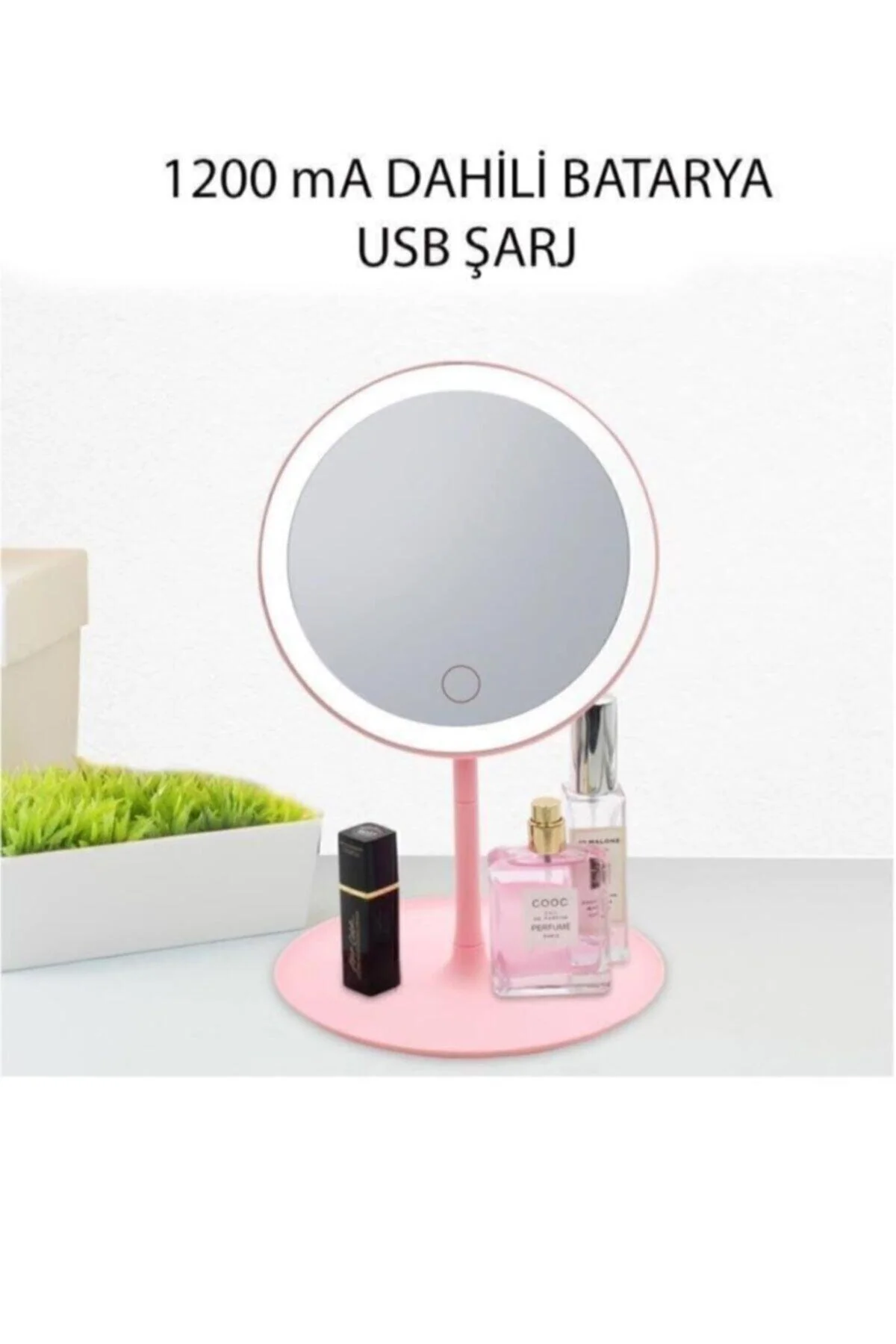 Pink LED Touch‑Activated Makeup Mirror with USB Rechargeable Battery – 30 cm Height