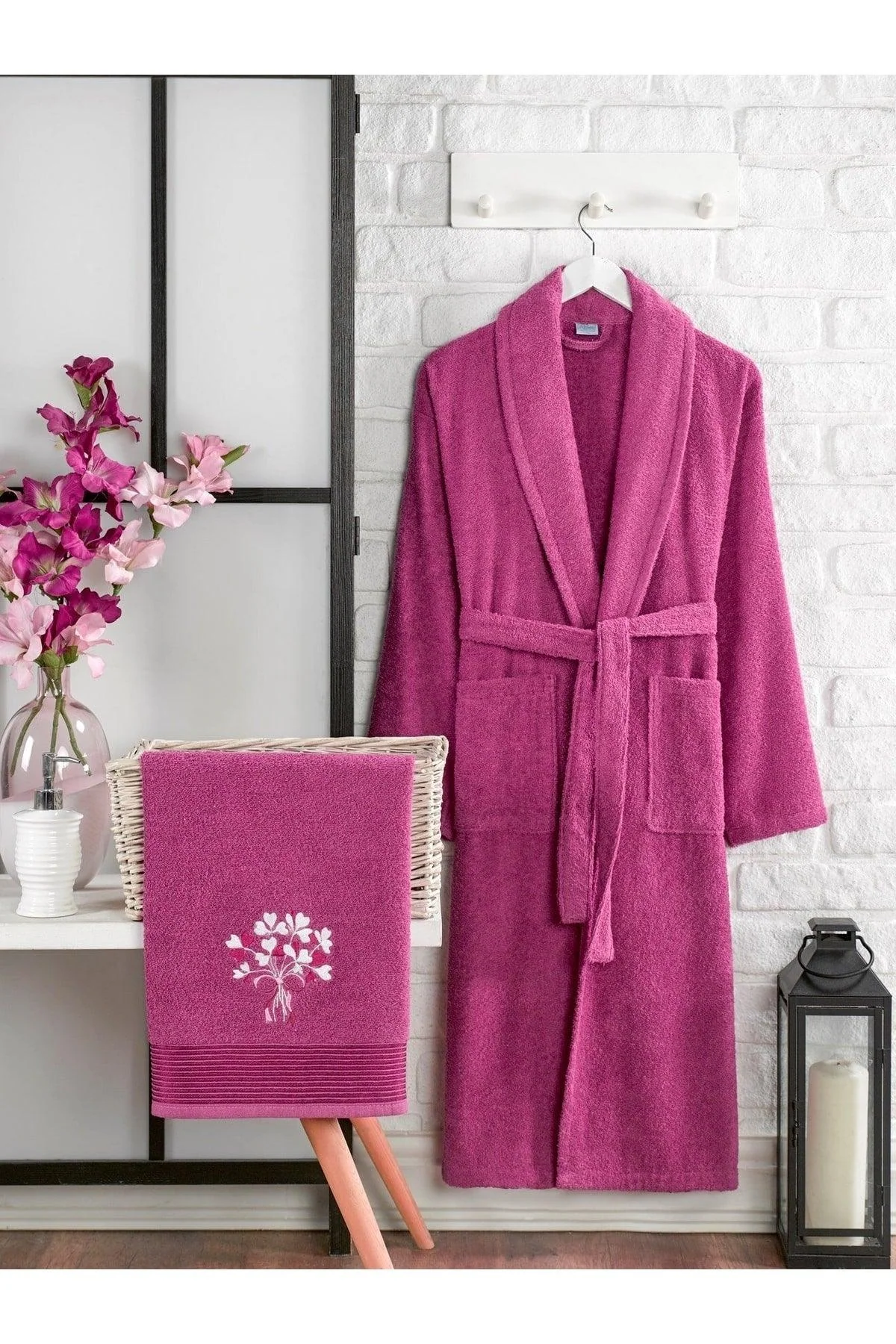 100% cotton terry cloth bathrobe set with matching towels