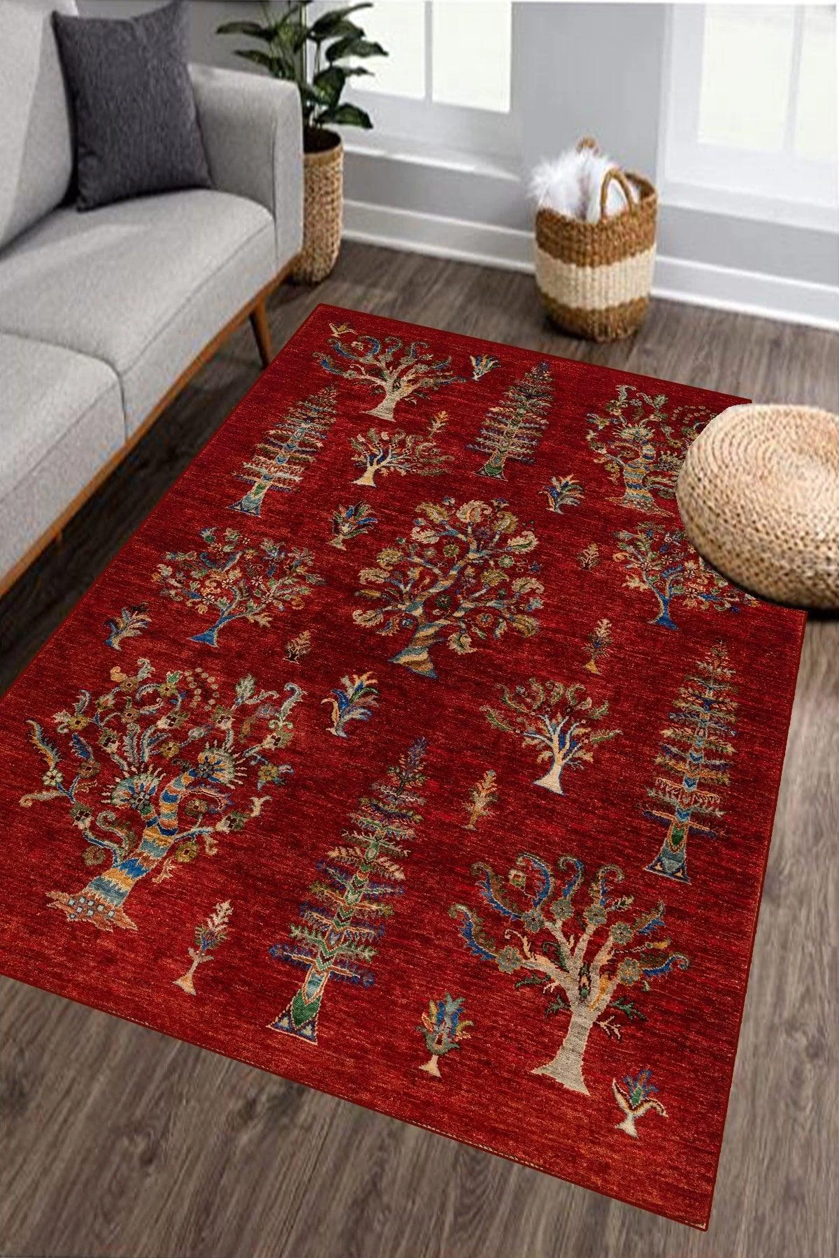 Red traditional pattern washable rug with cotton sole for pet owners