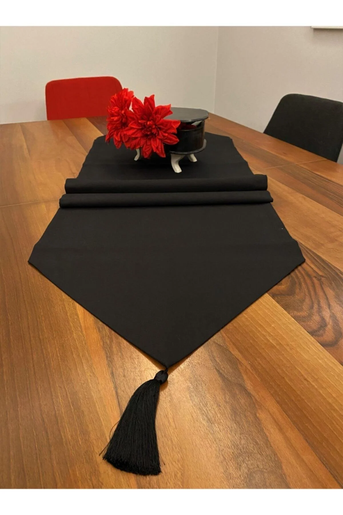 Black Cotton and Polyester Tasseled Runner