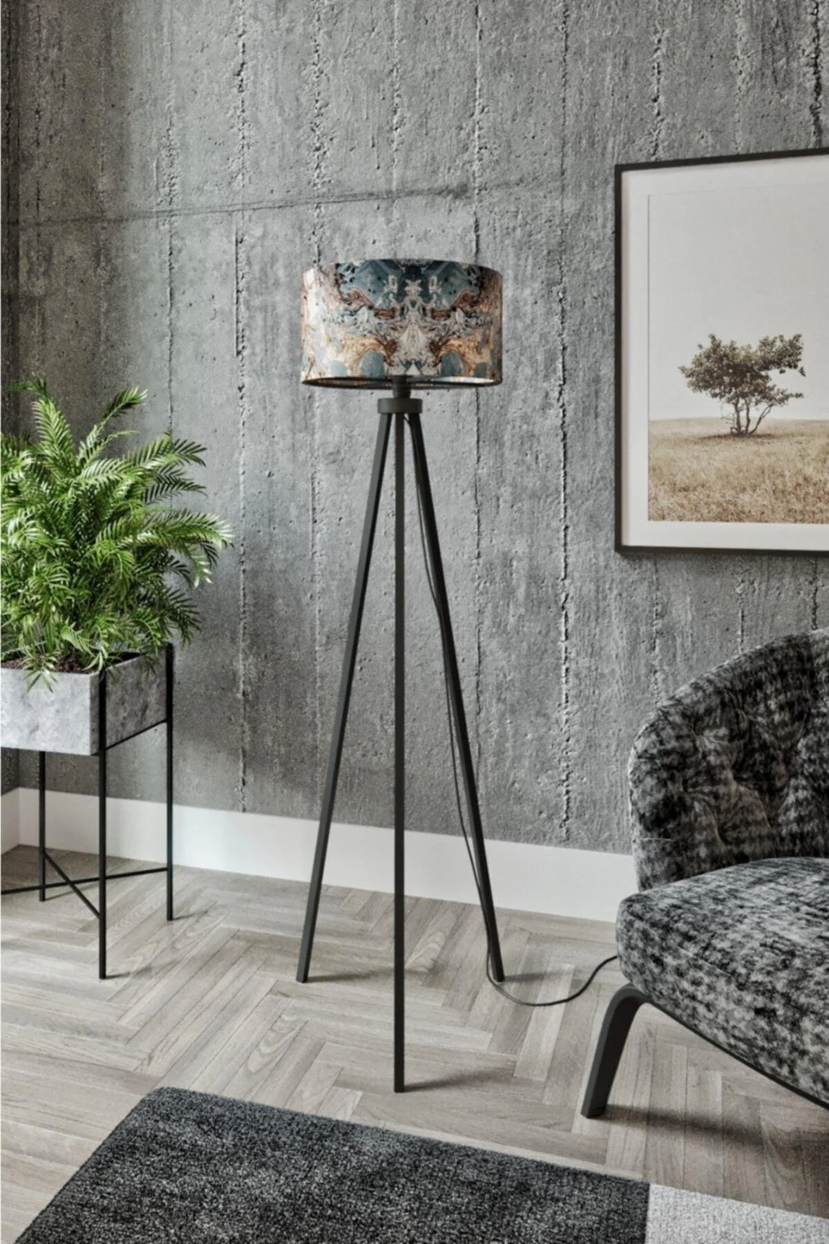 Modern three-legged wooden floor lamp with adjustable head
