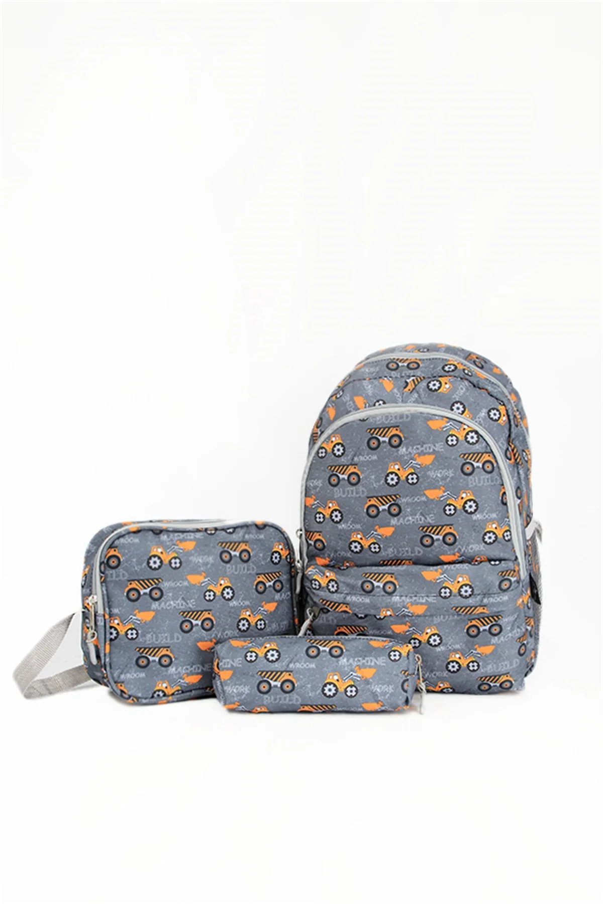 Truck patterned triple school bag set with lunch box and pen holder