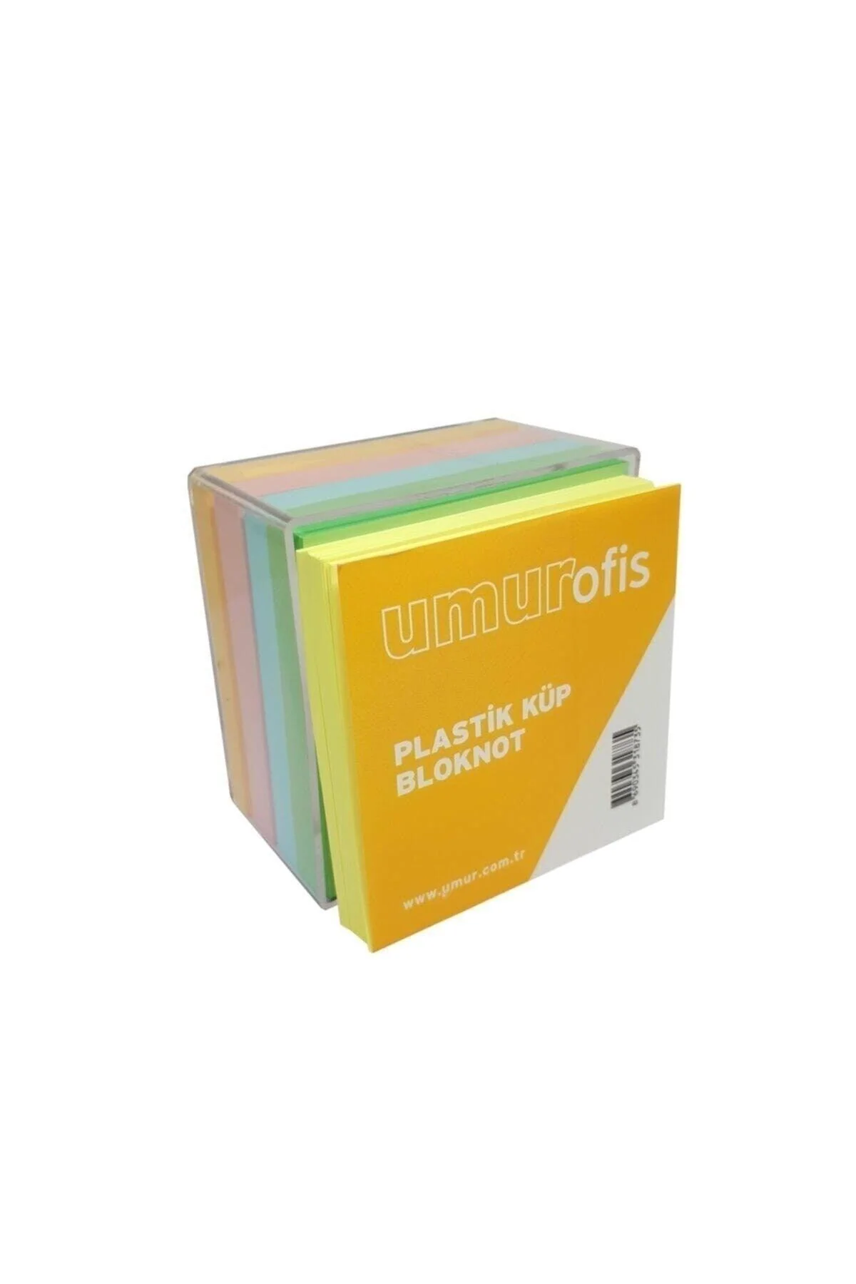 Mixed-color sticky note cube in plastic storage box