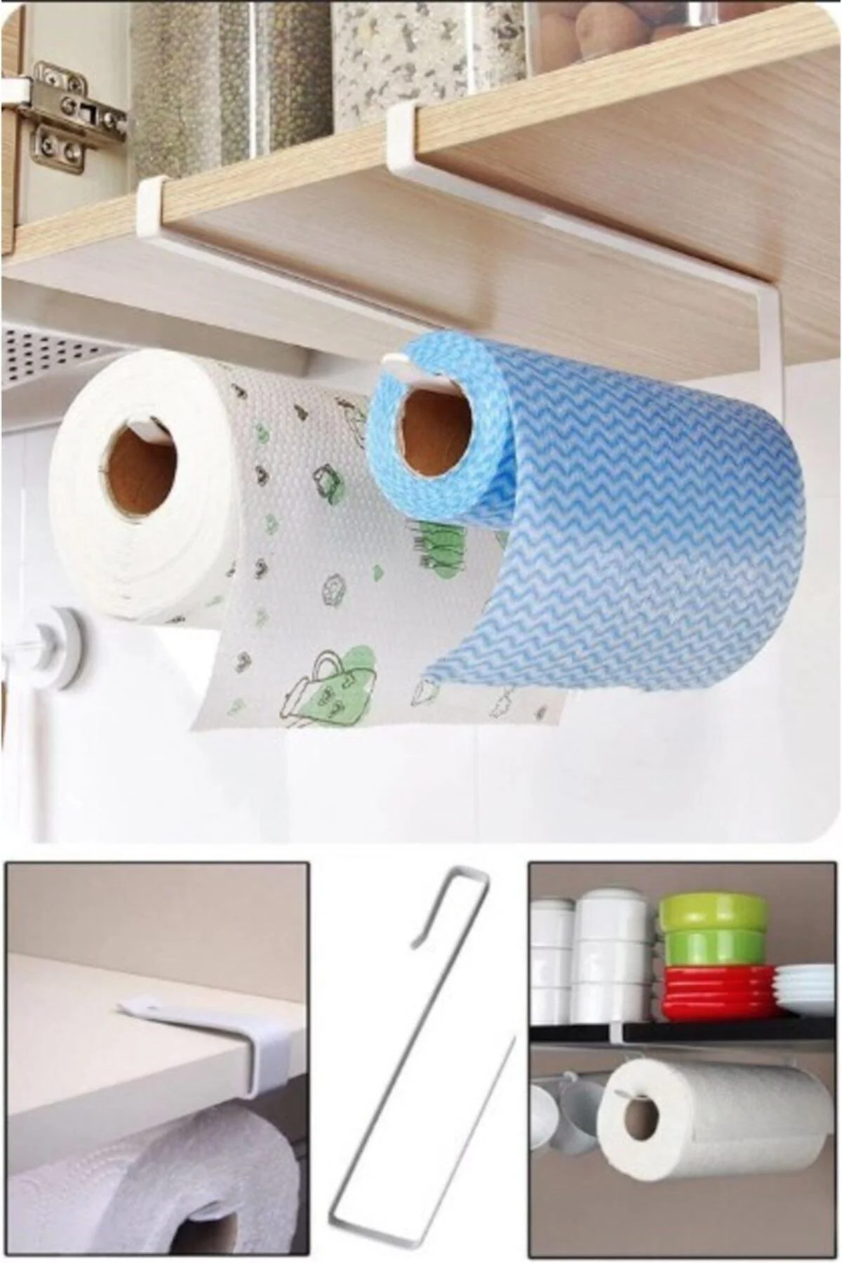 Under-cabinet paper towel holder, space-saving plastic rack