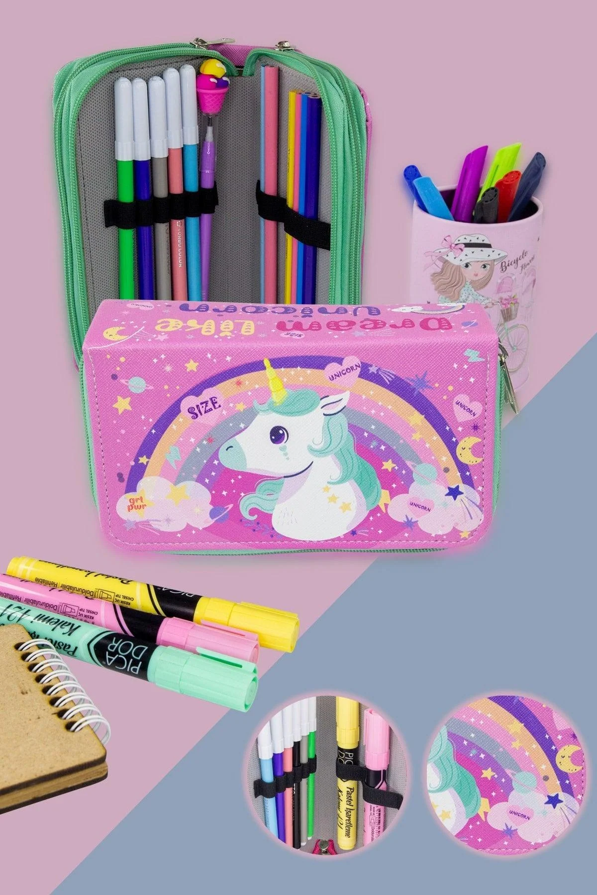 Unicorn Printed Three-Compartment Pencil Case with Fiber Exterior