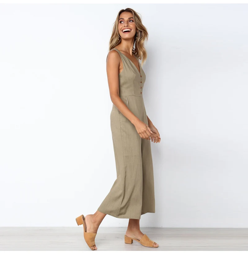 V-neck button backless jumpsuit