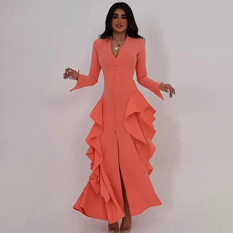 V-neck Long Split Elegant Ruffled Dress