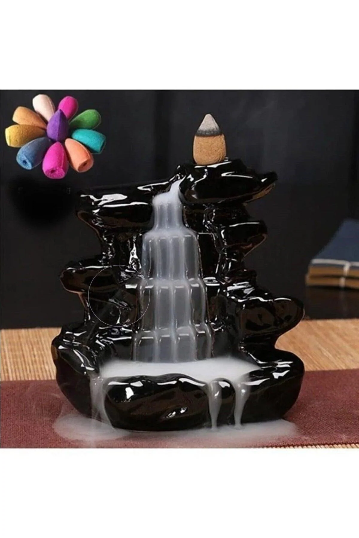 Backflow incense holder with black finish and 1 complementary incense