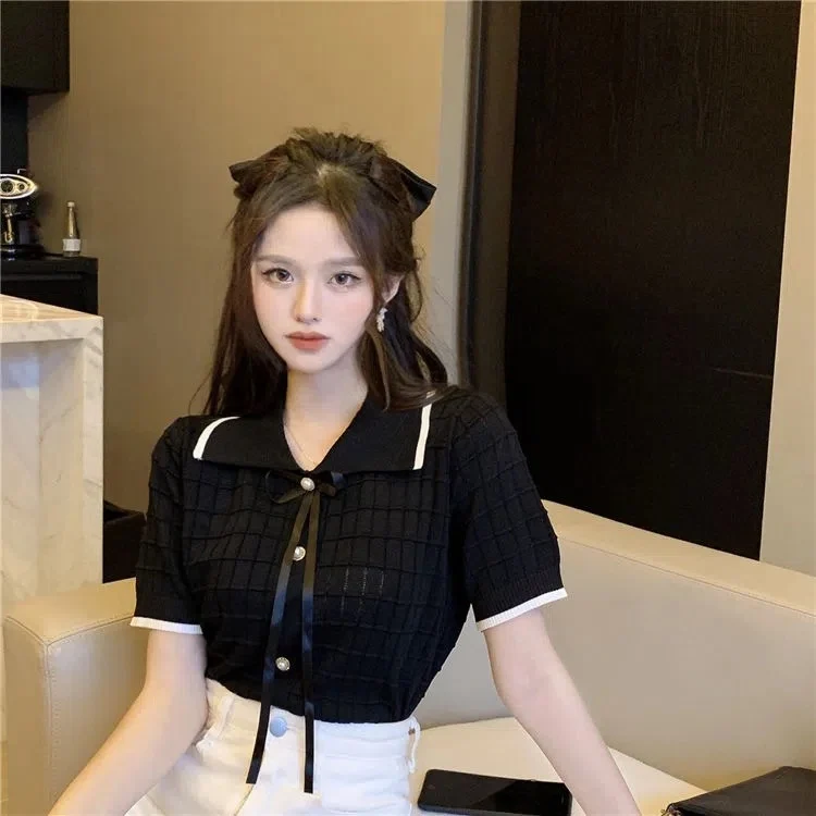 Versatile Korean-Style Patchwork Short Sleeve Top