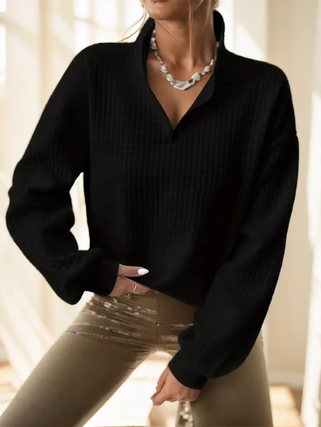 Waffle Grid Quarter Zip Pullover Sweatshirt