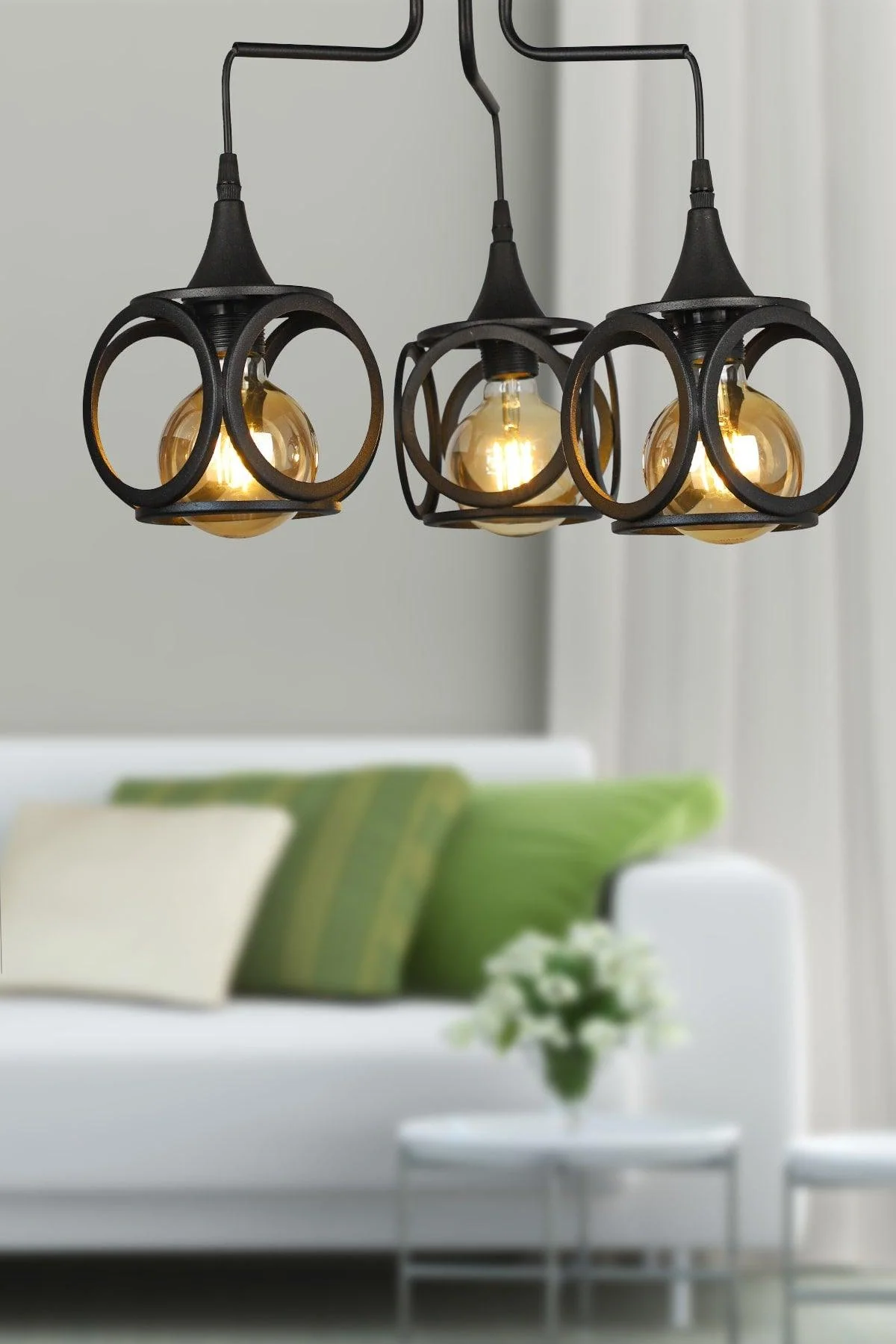 Black Three-Arm Ceiling Chandelier with Metal Construction