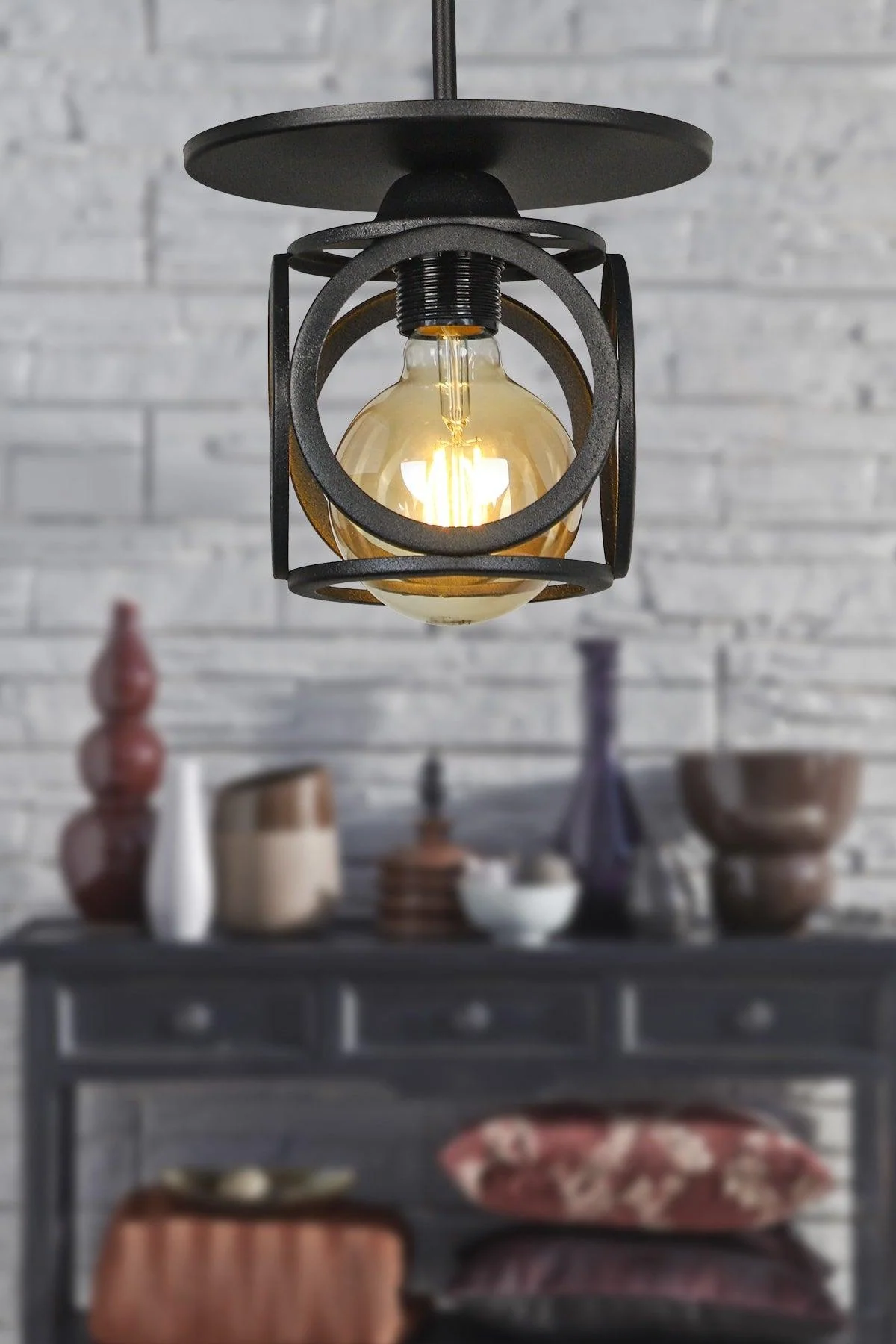 Single Black Chandelier with Metal Construction