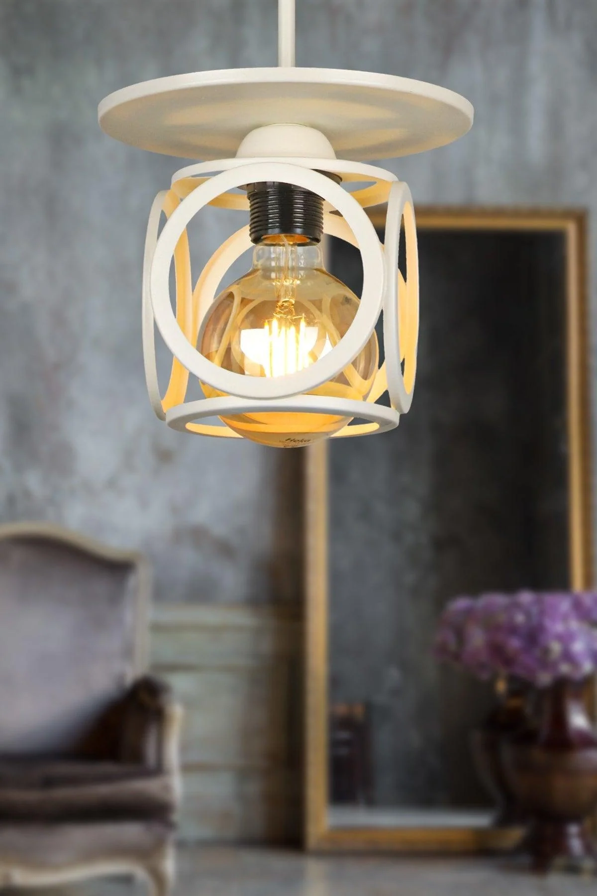 Single-bulb white metal chandelier with electrostatic paint finish