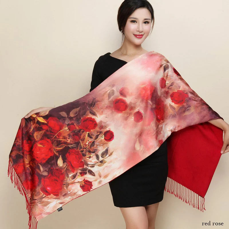 Warm Double-Layer Shawl Wrap with Floral Pattern