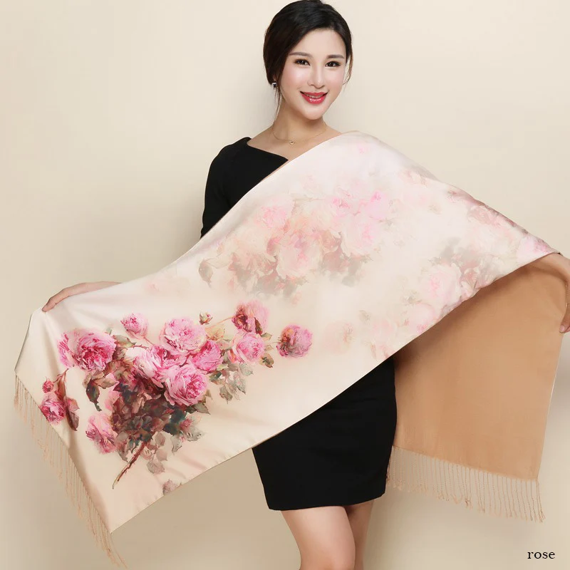 Warm Double-Layer Shawl Wrap with Floral Pattern