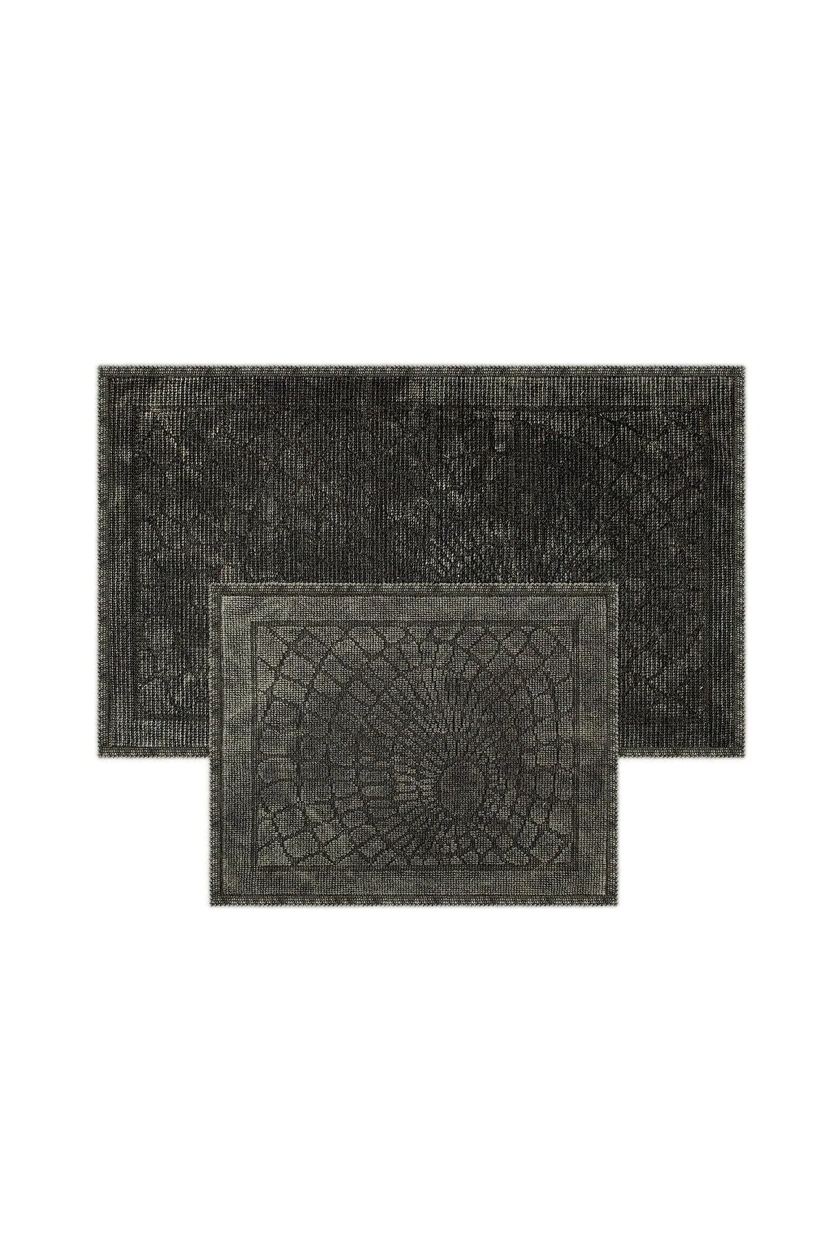 Khaki Geometric Cotton 2-Piece Bath Mat Set