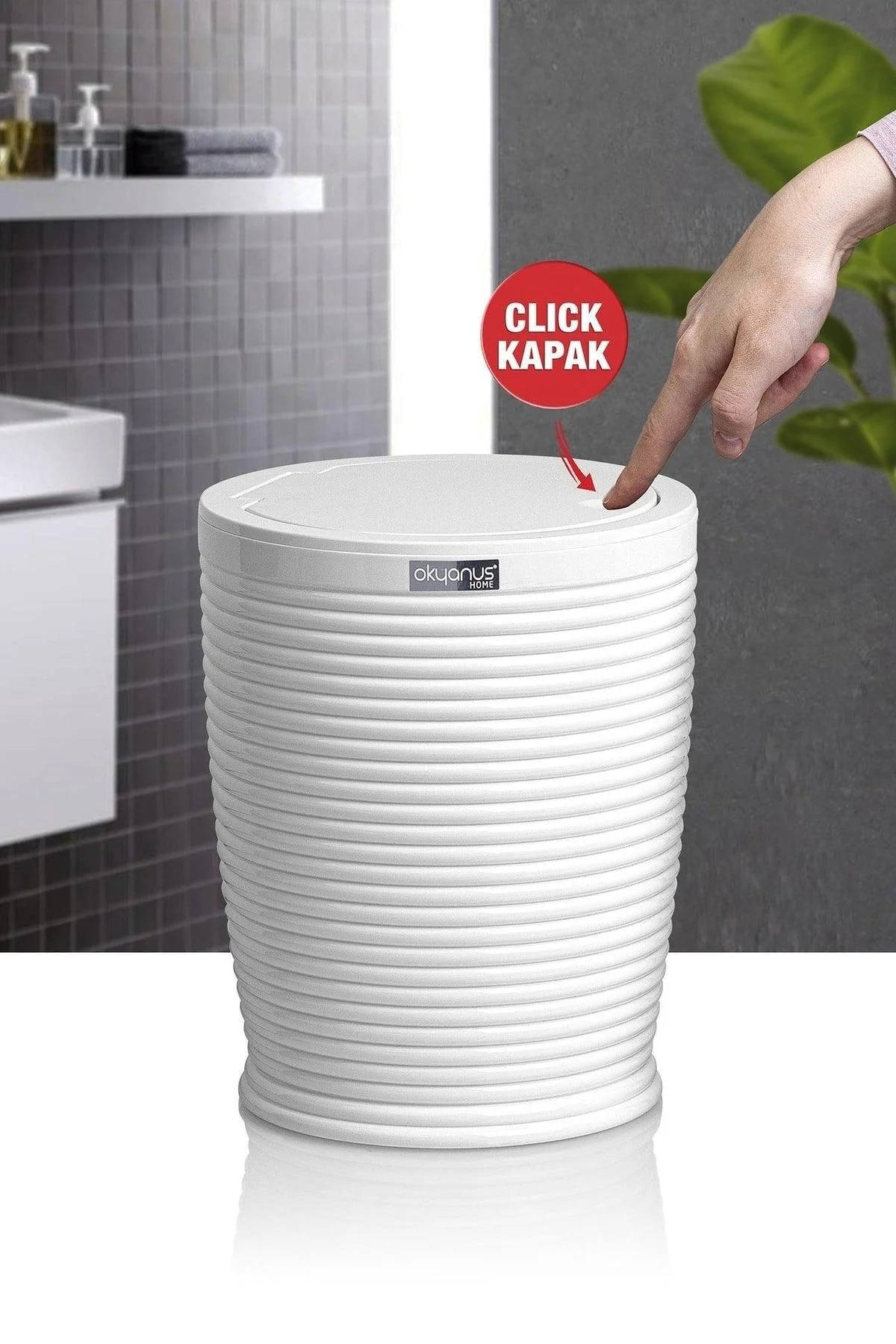 White click lid round waste bin with durable plastic construction
