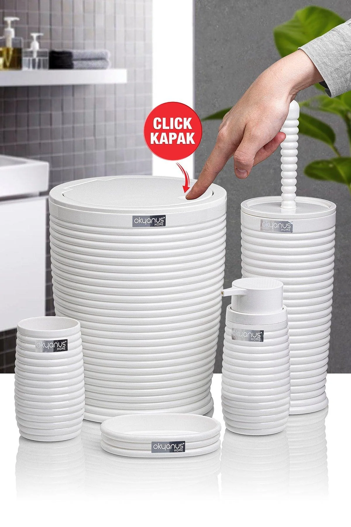 White 5-piece bathroom set with toothbrush holder, soap dispensers and toilet brush