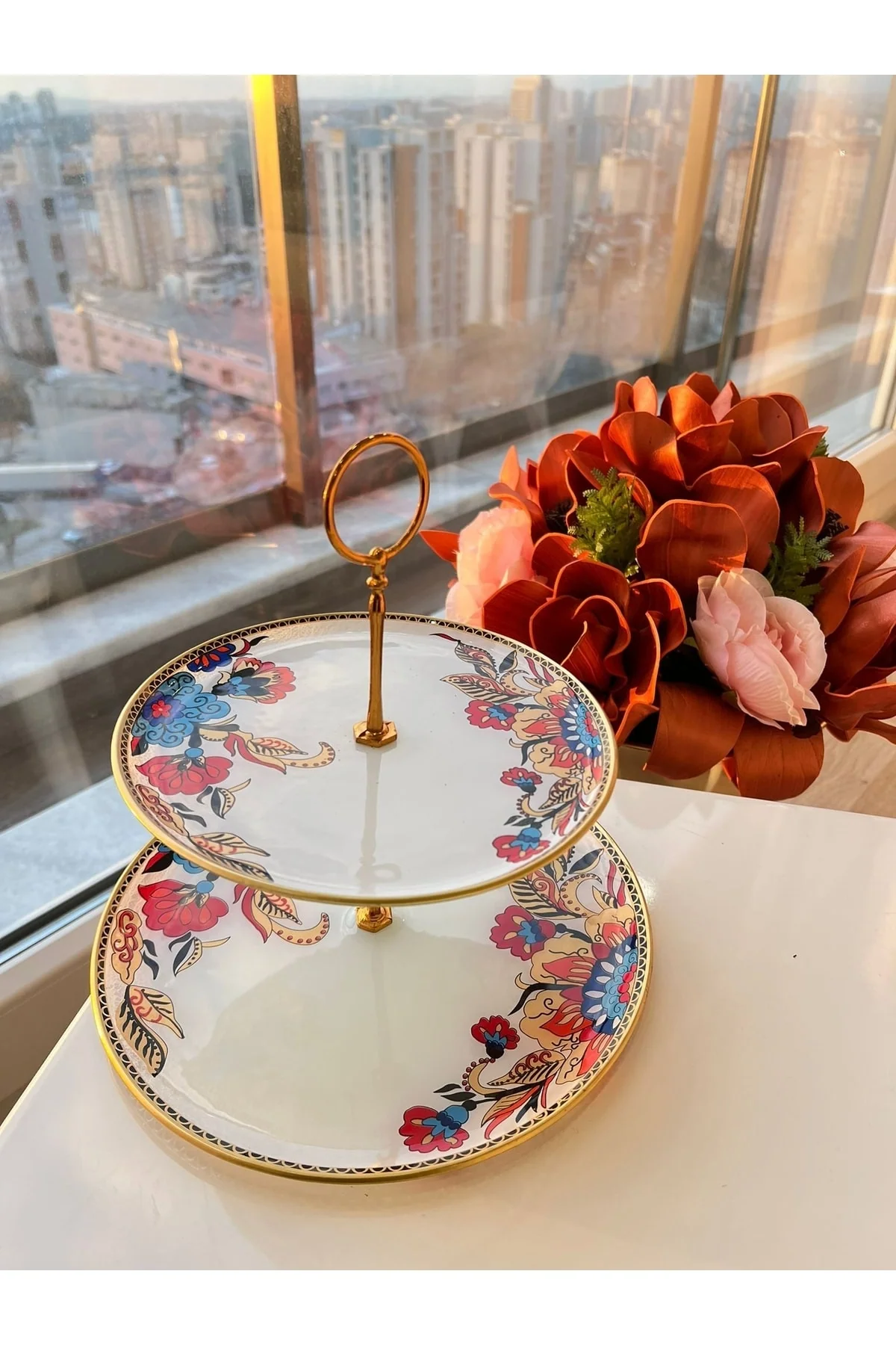 White Floral Cake and Cookie Holder with Two Tiers