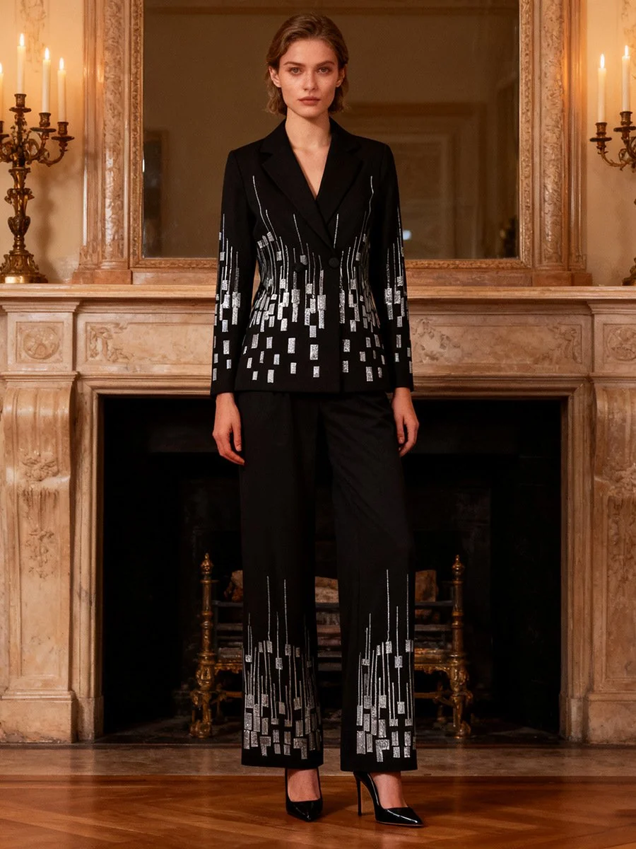 White Geometric Sequin Formal Suit Set