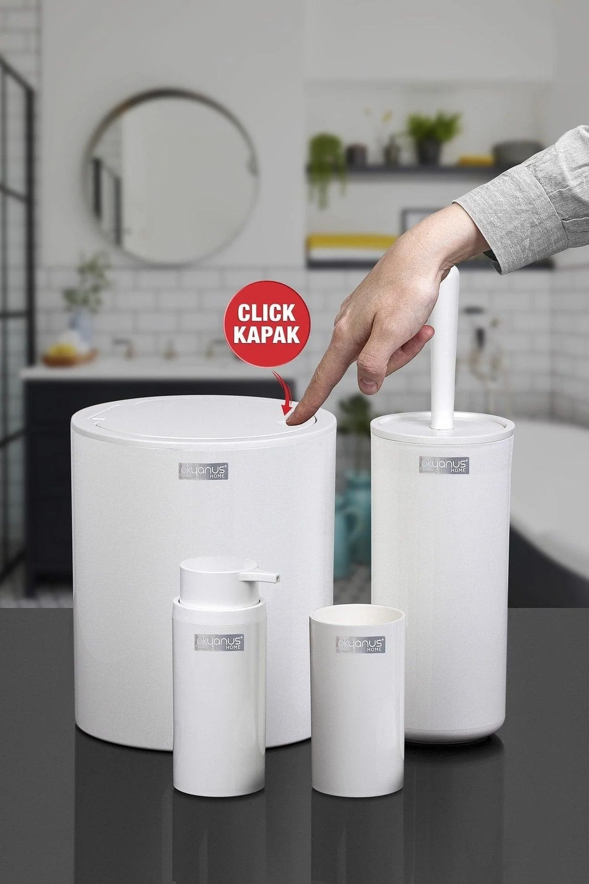 4‑Piece White Round Bathroom Set – Soap Dish, Dispenser, Brush, Towel Bar
