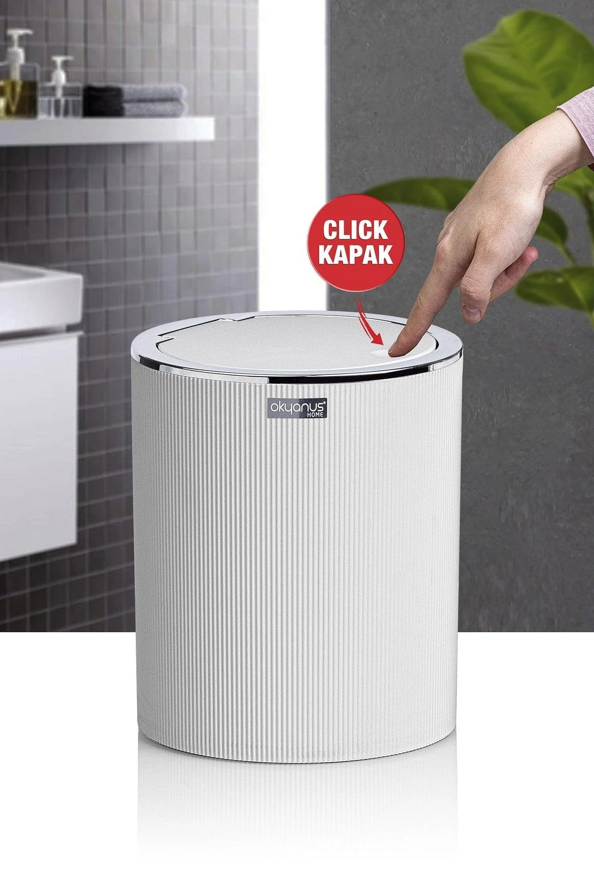 White Round Striped Plastic Waste Bin