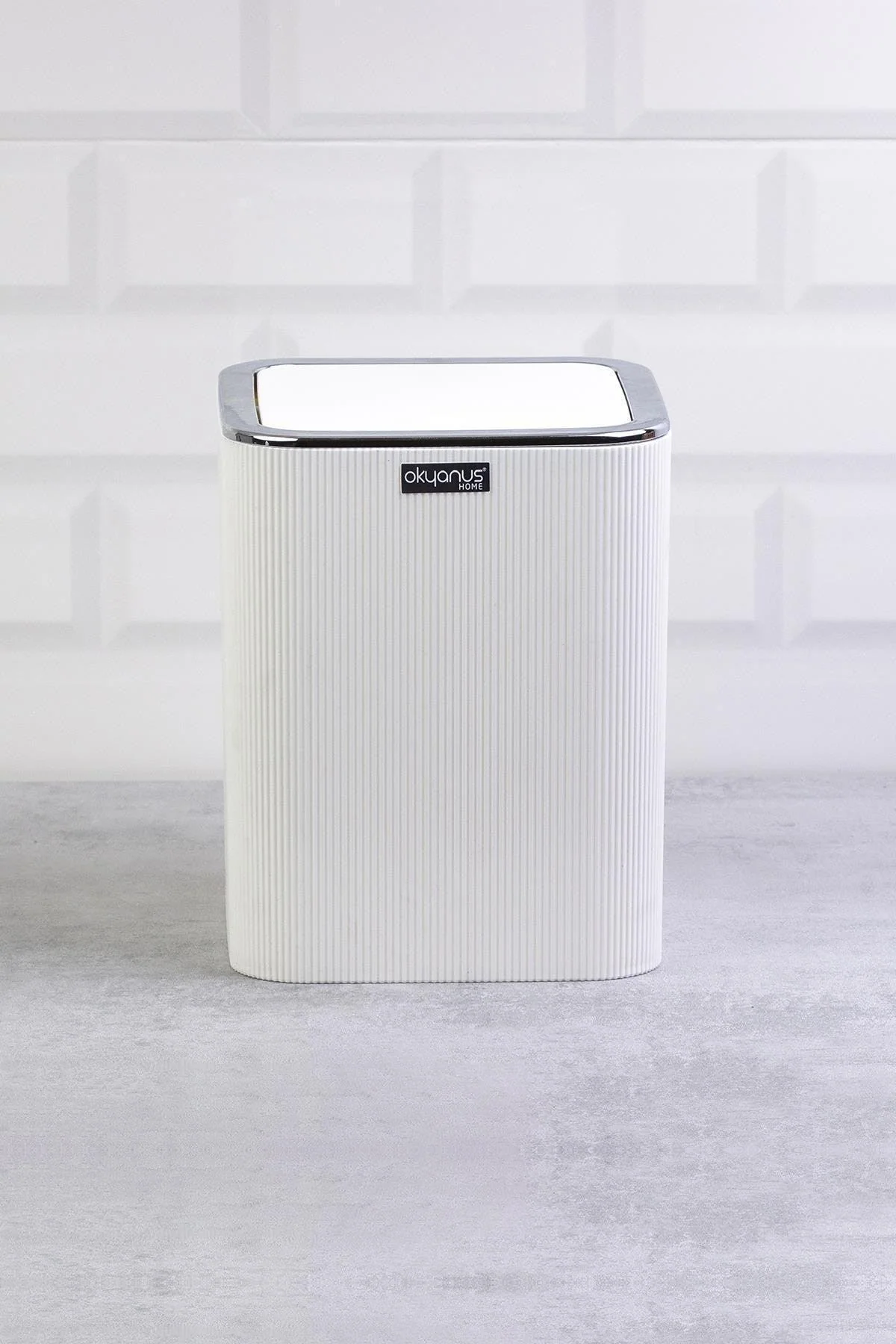 White striped square waste bin for home storage