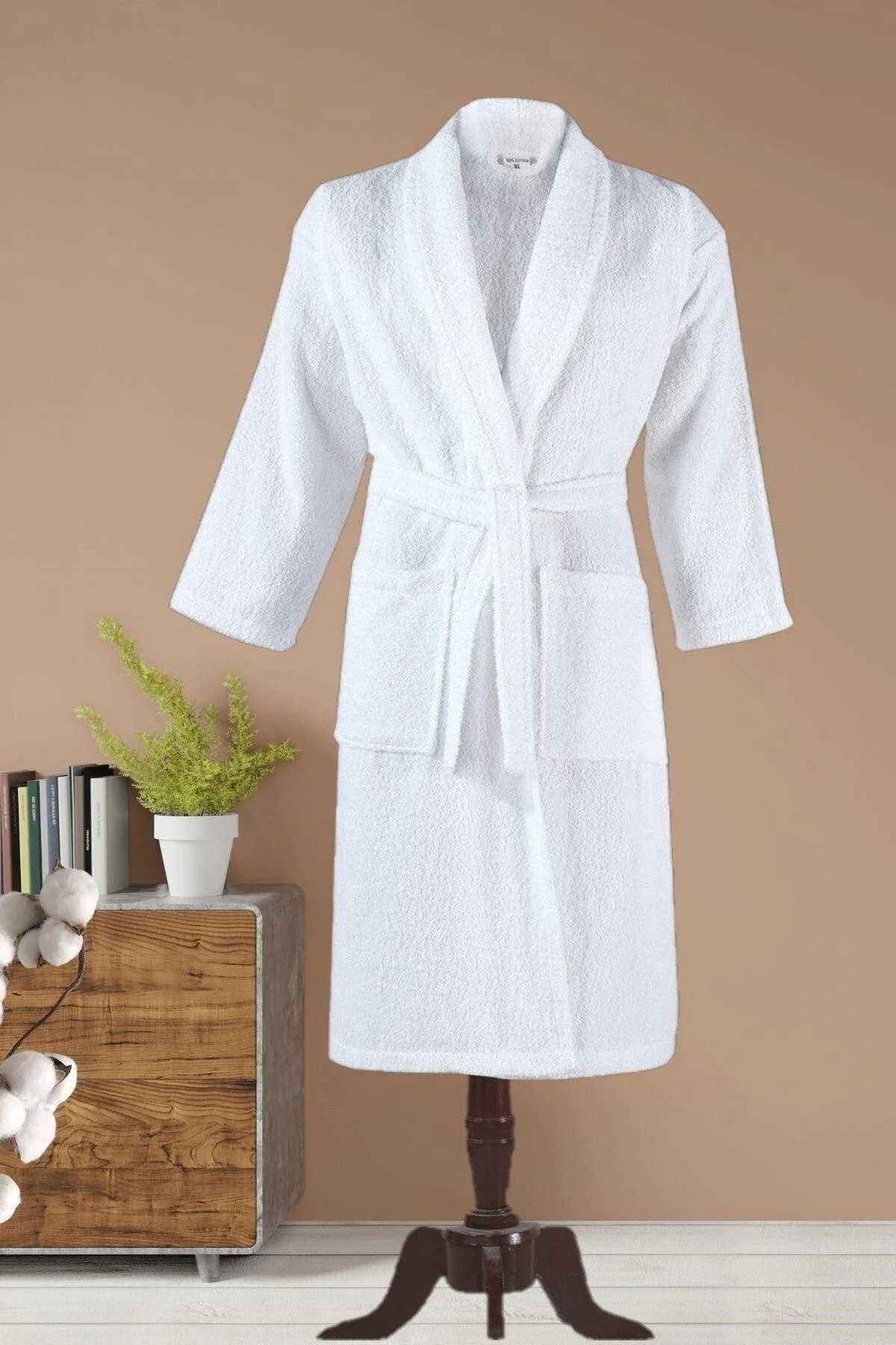 White unisex cotton terry bathrobe with shawl collar