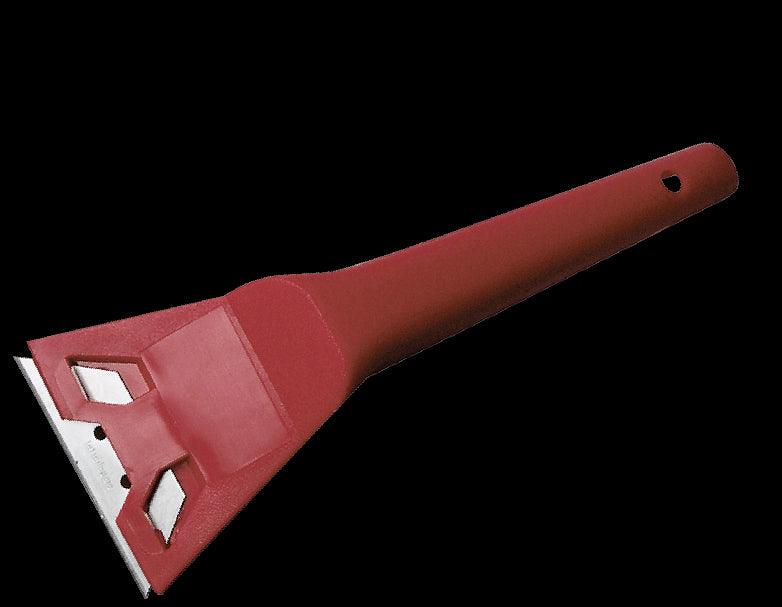 Window scraper with replaceable trapezoidal blade and guard