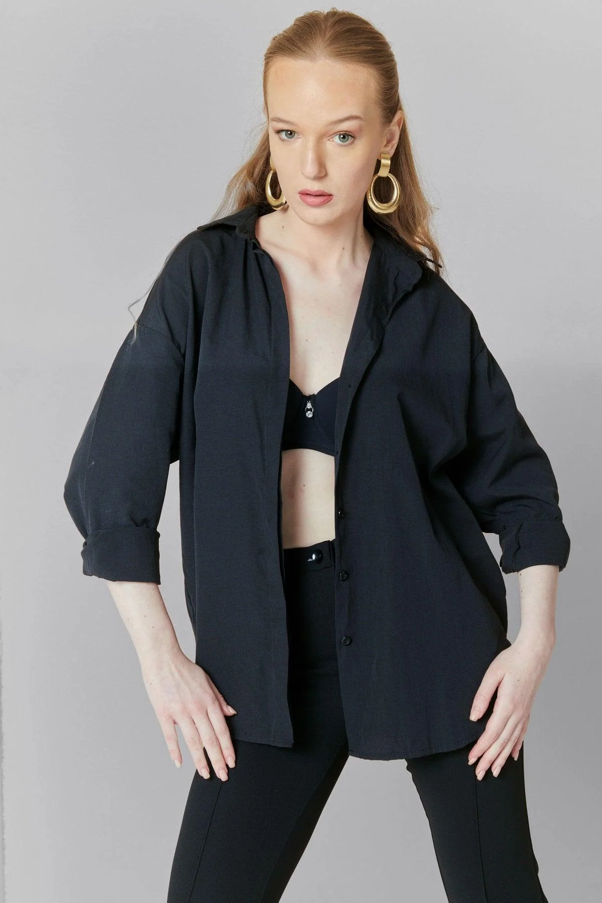 Black oversized long sleeve cotton polyester blend shirt
