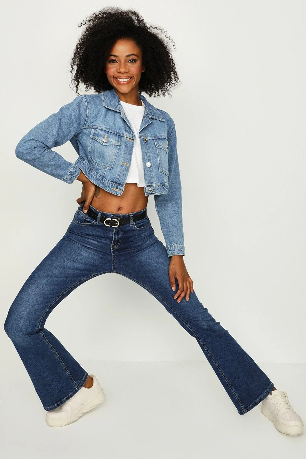 Women's blue cropped denim jacket with button front