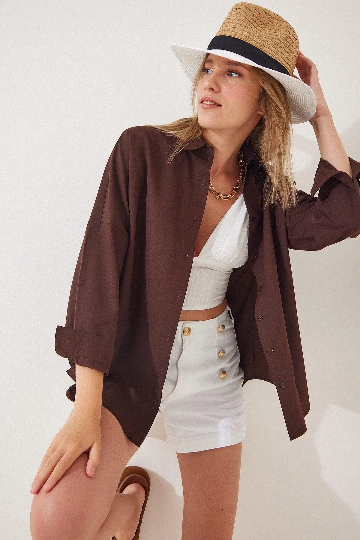Women's brown oversized long-sleeve shirt