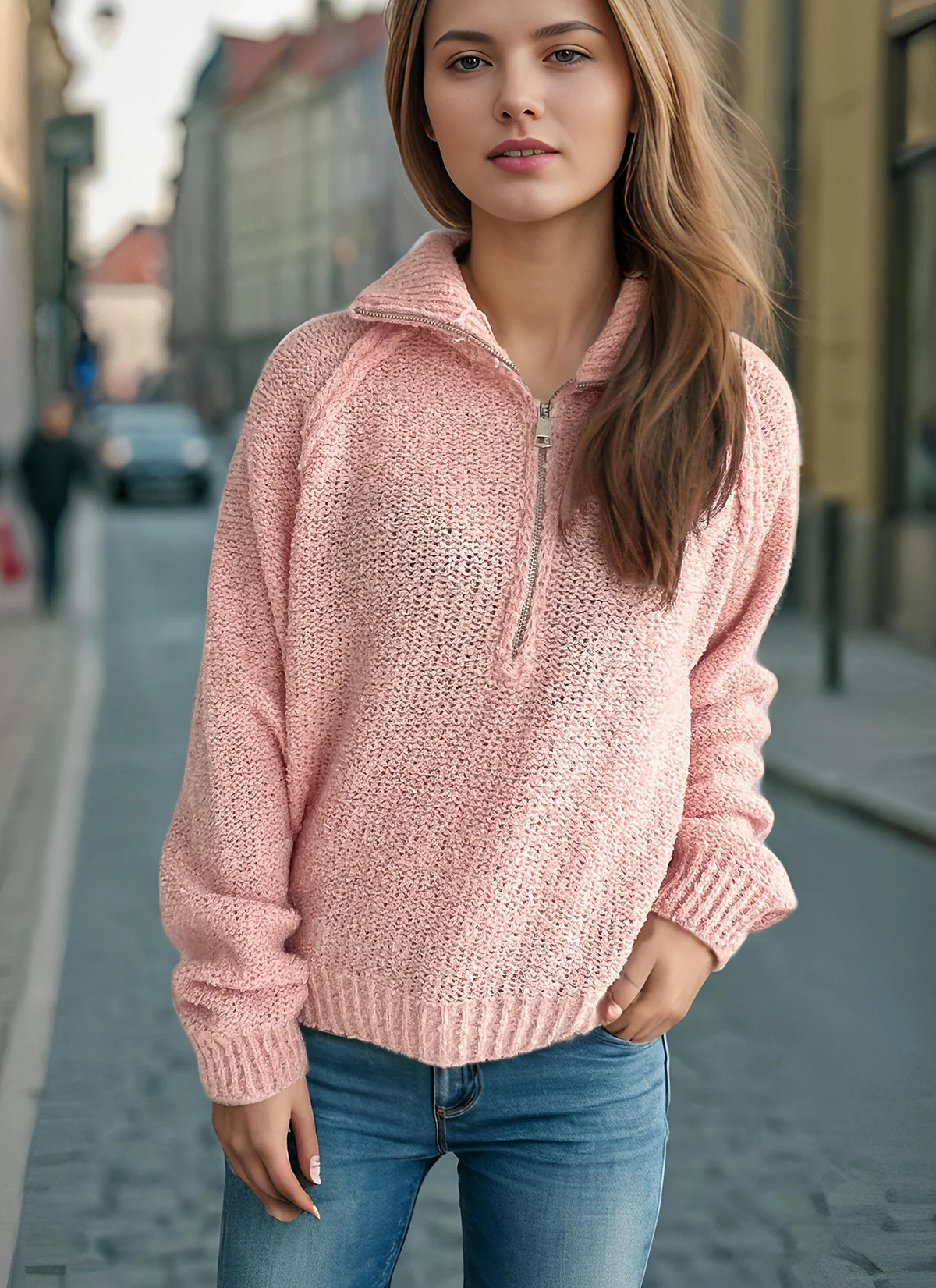 Womens Casual Solid-color Long-sleeve Lapel Zip-up Pullover Sweater