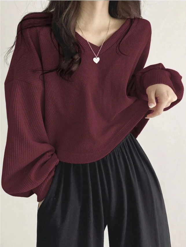 Womens Casual Versatile Solid-color Pullover Knit Sweater Top