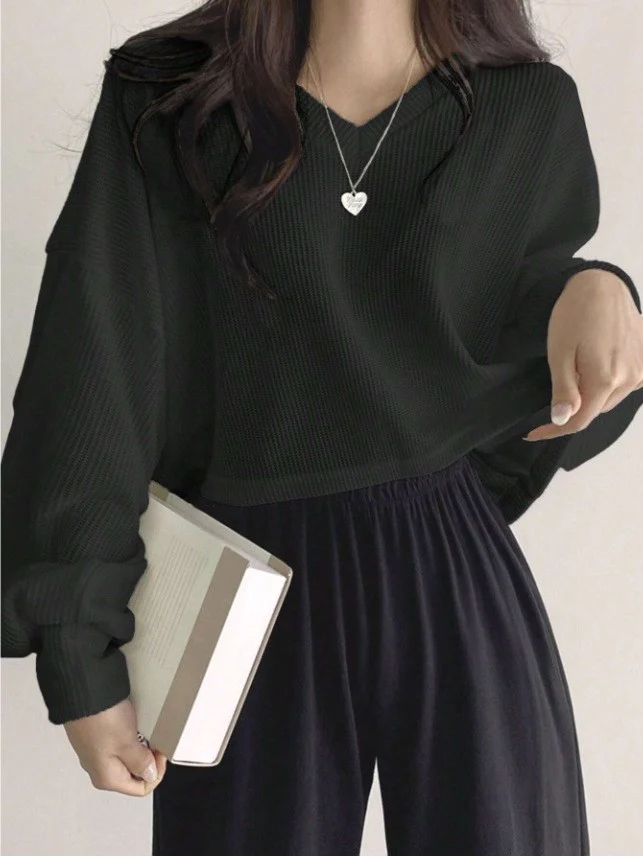 Womens Casual Versatile Solid-color Pullover Knit Sweater Top