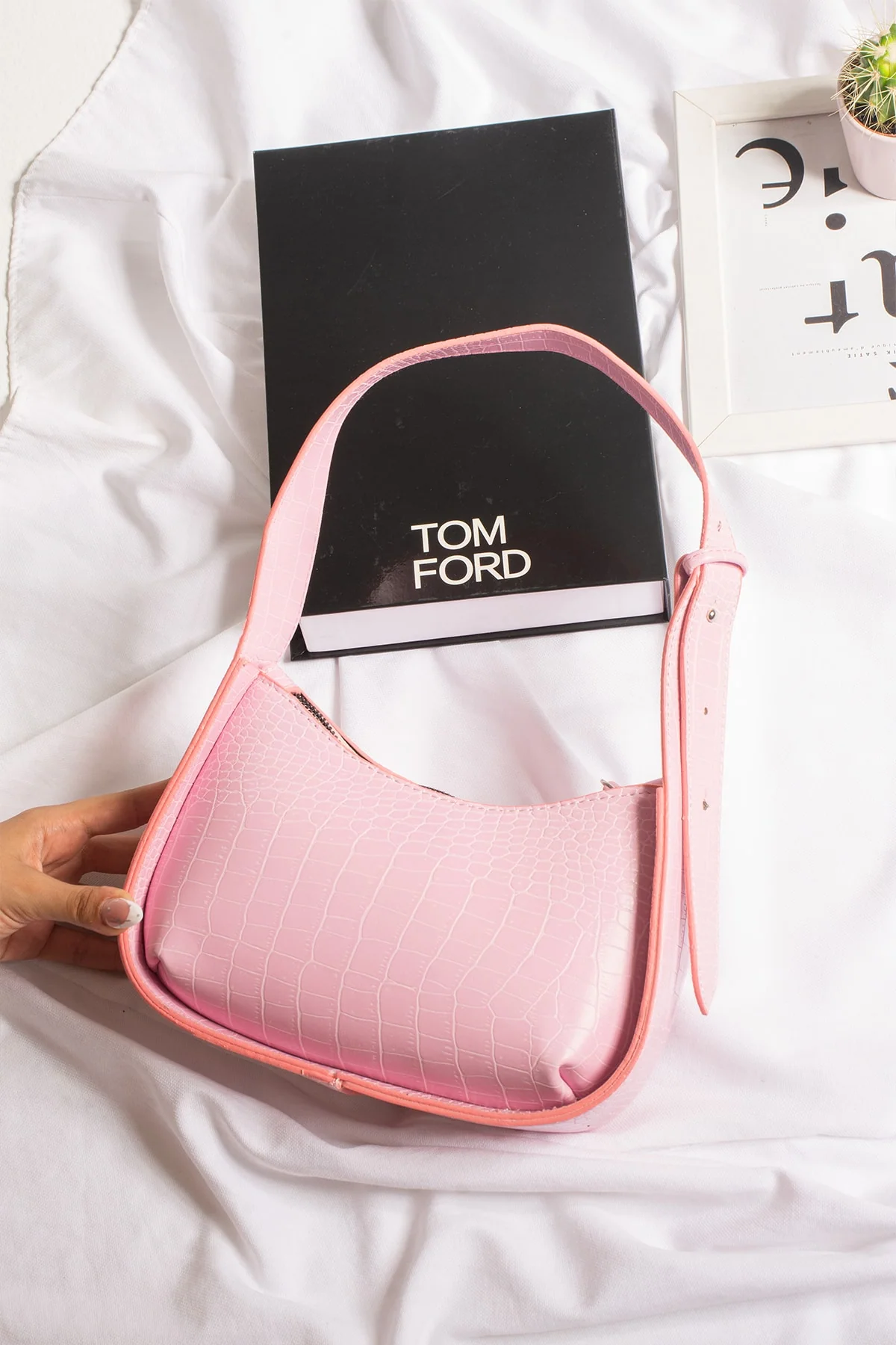 Candy Pink Crocodile Pattern Baguette Handbag