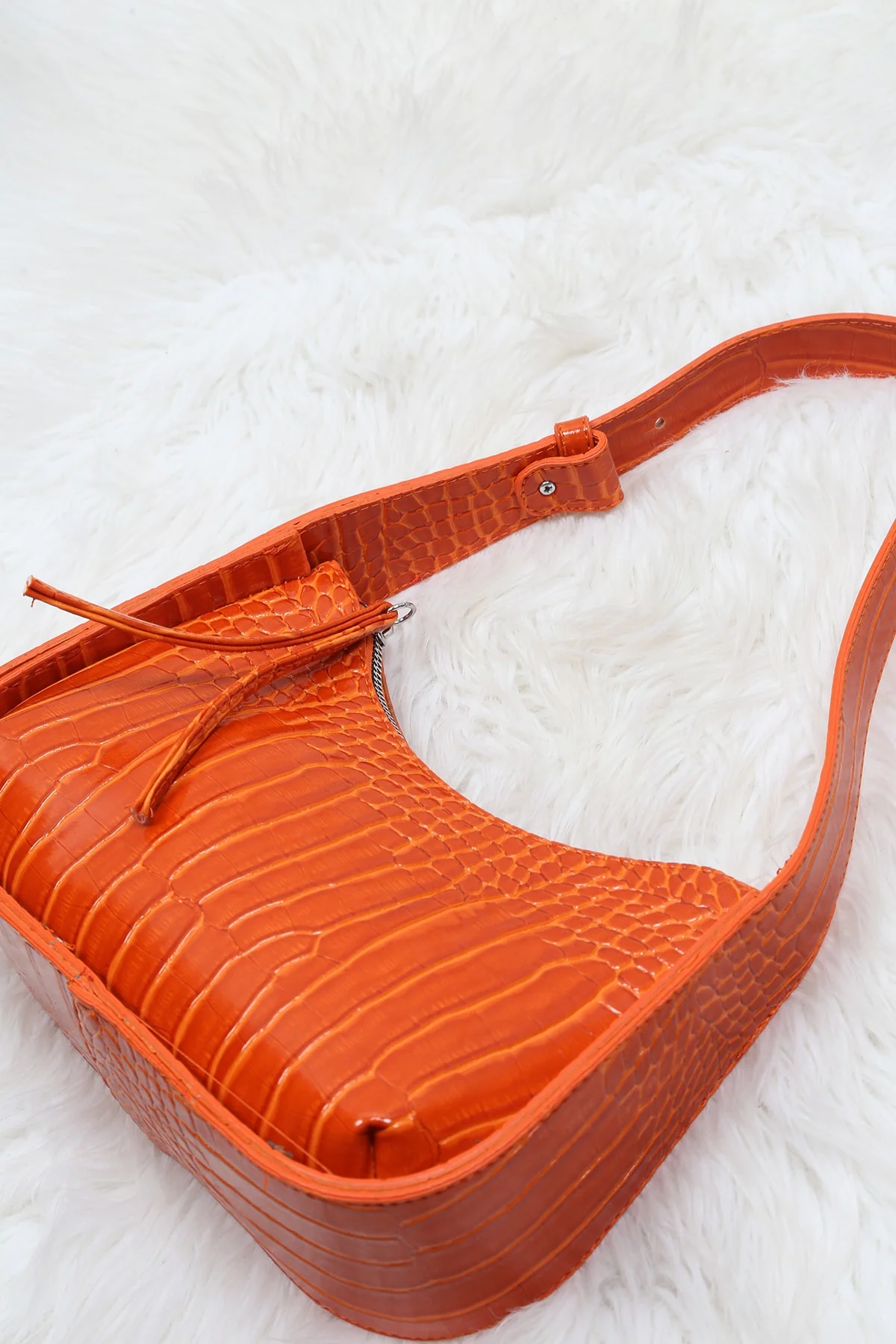 Orange crocodile print mini satchel bag with zip closure