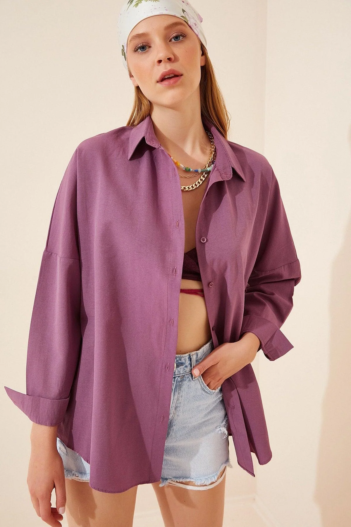 Muted Lilac Oversized Longline Cotton Blend Shirt for Women