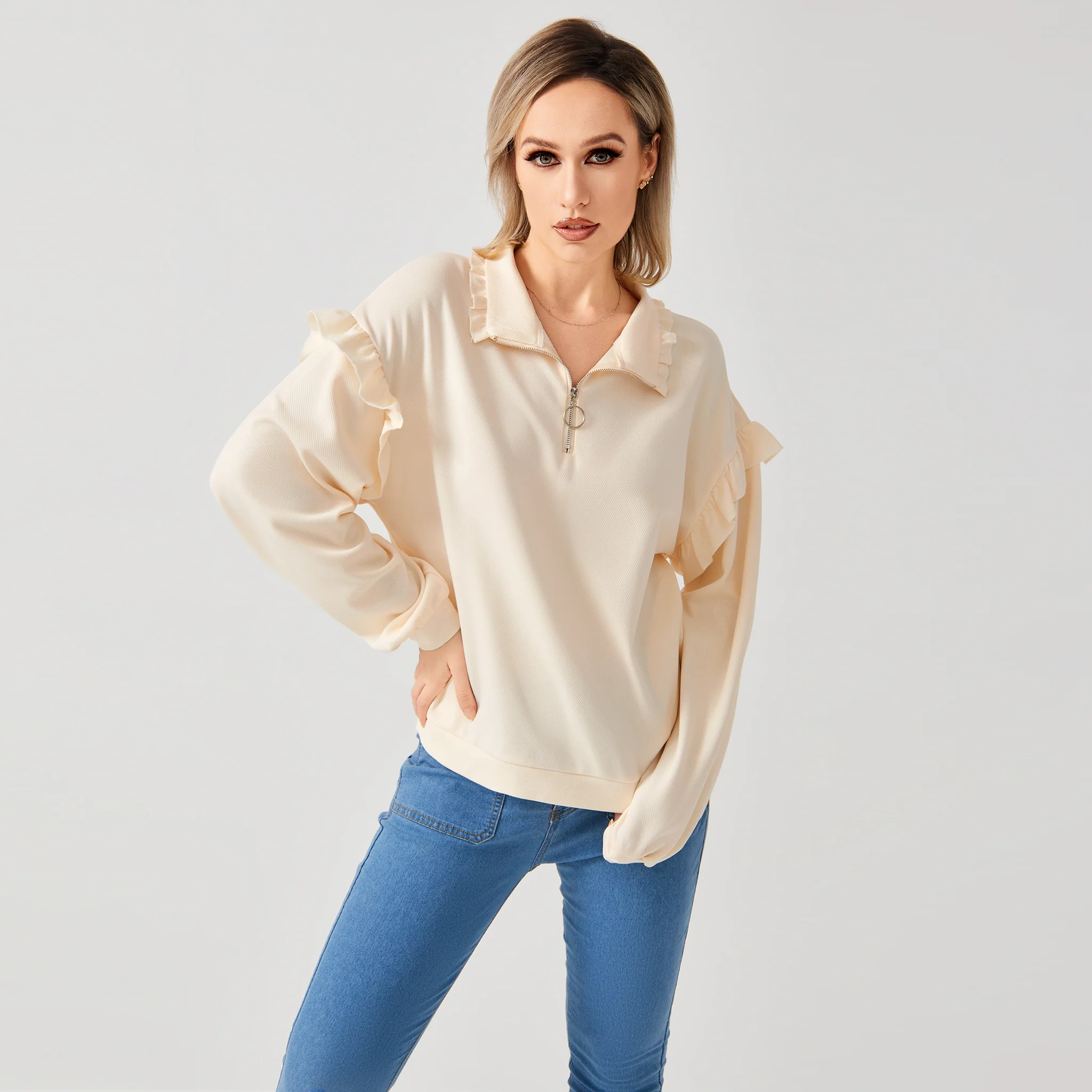 Women's Half Zip Ruffle Sweatshirt Casual Pullover